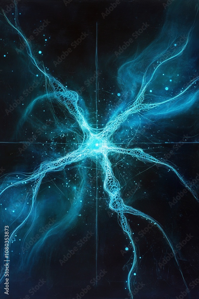 Poster abstract electric blue energy burst with striking swirls and light points on dark background represe