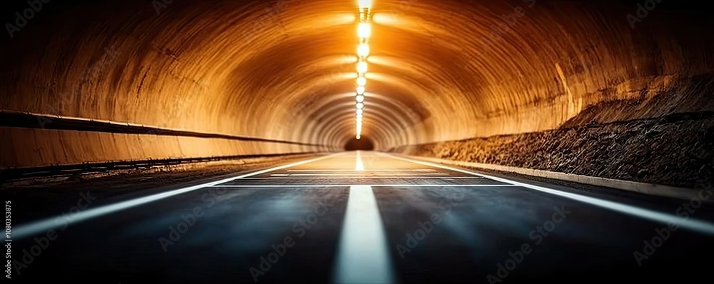 Poster illuminated tunnel with a view of the road ahead, contrasting shadows and light.