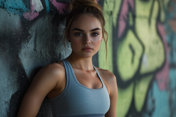 Naklejka premium A Focused Woman in Athletic Wear Against Vibrant Urban Graffiti.