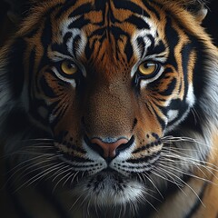 Close-up portrait of a tiger's face, showing its intense gaze and intricate markings.