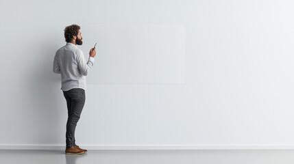  An online teacher explaining concepts through an interactive whiteboard, representing modern online learning, studio lighting setup with space in the center for text