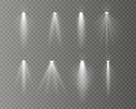 Set white realistic spotlight beams resembling overhead lamps and projector lights with soft glow and light rays on a transparent background. Ideal for highlighting and decorative effects