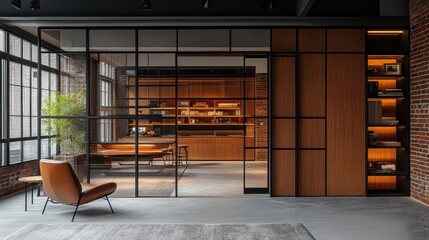 Modern office interior with sleek design. This image can be used for design inspiration, showcasing the modern style and minimalist elements of the office.
