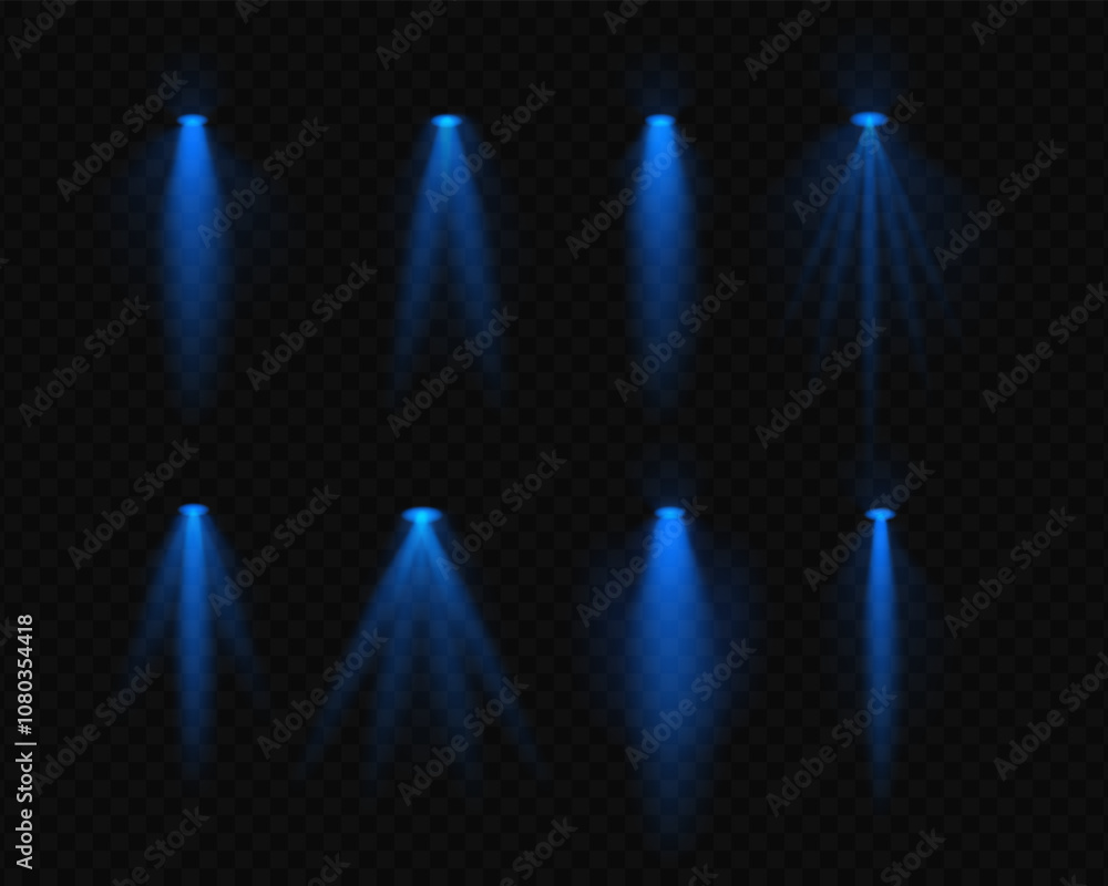 Wall mural set blue realistic spotlight beams resembling overhead lamps and projector lights with soft glow and