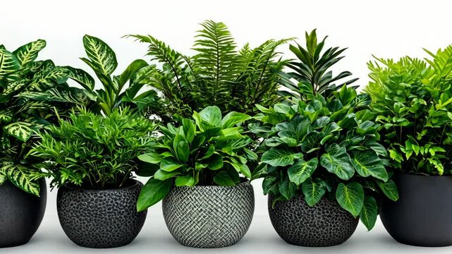 A row of six potted plants sit on a white background