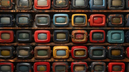 Vintage Televisions on Wooden Shelves, A Nostalgic Wall of Retro Technology and Entertainment
