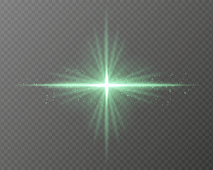 Bright green light burst with star-shaped rays, sparkling particles, and a horizontal glow on a transparent background. Ideal for adding a radiant flash or glare effect