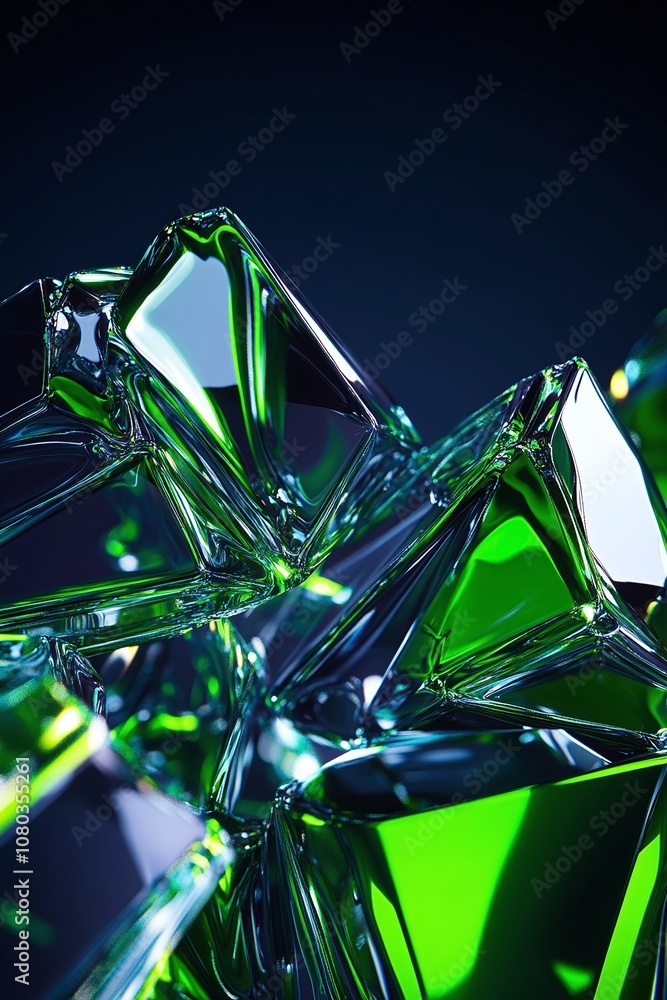 Poster abstract geometric composition showcasing sharp crystals in vibrant green and transparent hues, refl