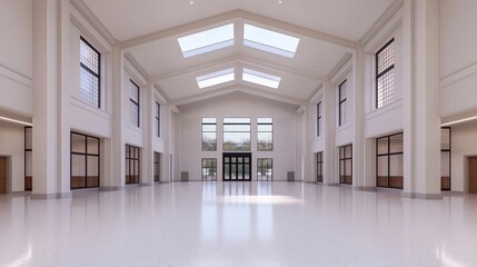 Spacious and Modern Interior Hall with High Ceilings and Abundant Natural Light from Skylights in a Contemporary Architecture Design