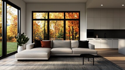 Modern Living Room with Cozy Sofa and Large Windows Displaying Autumn Foliage, Ideal for Home Decor, Interior Design Inspiration, and Relaxation
