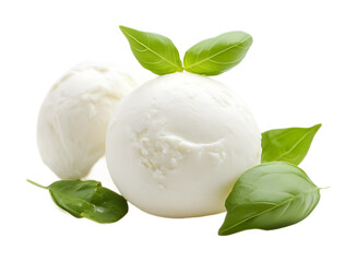 Mozzarella cheese ball with green leaves on a white background. isolated background.