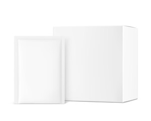 Realistic white closed paperboard box with sachet mockups. Vector illustration isolated on white background. Taking your 2D designs into 3D. Can be use for medicine, food, cosmetic and other. EPS10.