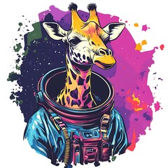 A giraffe wearing an astronaut suit against a colorful, splattered background.