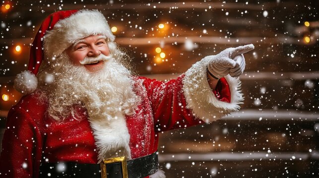 Santa Claus joyfully points at a blank advertisement banner, spreading holiday cheer in a snowy setting adorned with twinkling lights