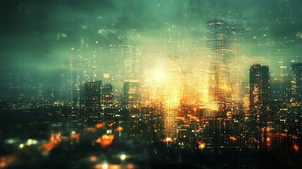 Fototapeta premium A vibrant, futuristic cityscape illuminated by glowing lights and digital elements, evoking a sense of technology and innovation.