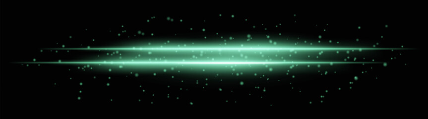 Intense green horizontal light beams with glowing particles and sparkle effects. Bright radiant lines on a dark background, ideal for adding dramatic highlights