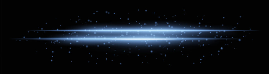 Intense blue horizontal light beams with glowing particles and sparkle effects. Bright radiant lines on a dark background, ideal for adding dramatic highlights © Кирилл Макаров