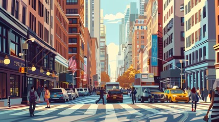 Obraz premium A cartoon illustration of a city street with tall buildings, traffic, and people walking.