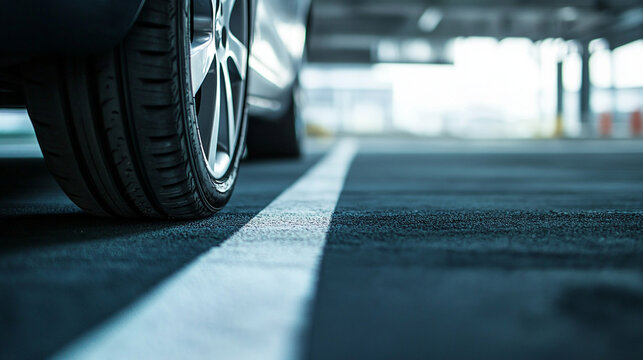 Close shot of a tire and wheel parallel to a white parking space line.