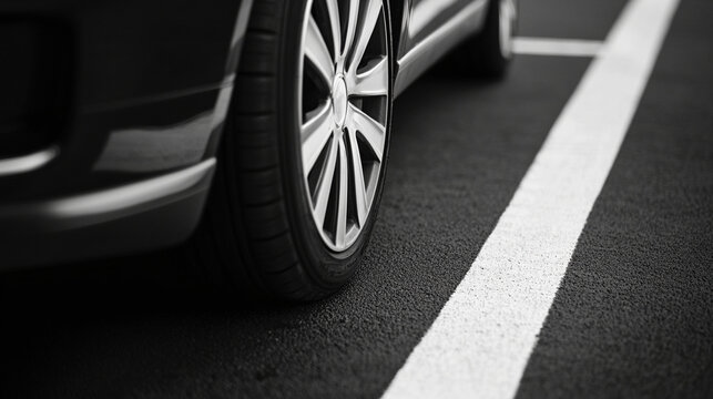 Close shot of a tire and wheel parallel to a white parking space line.
