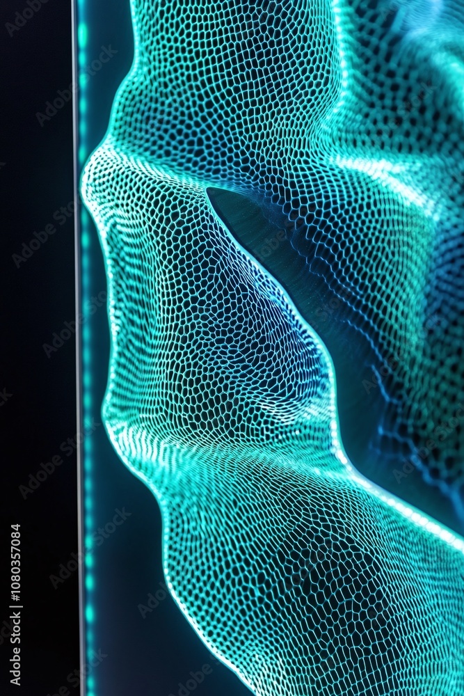 Poster abstract neon glow of a network pattern with dynamic shapes and light effects captured in a tactile,