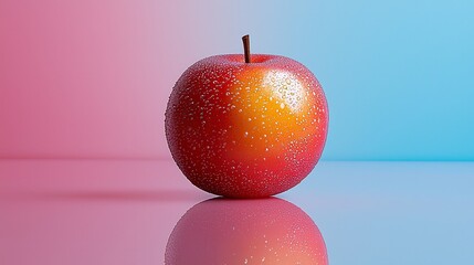 Fresh Red Apple with Water Droplets on a Reflective Surface Against a Soft Blue and Pink Gradient Background