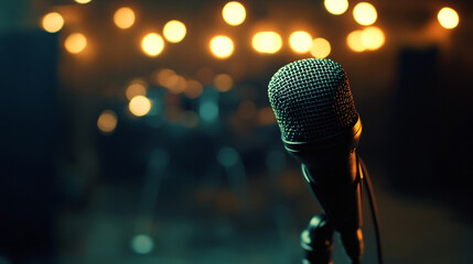 Blurry musicians and bokeh lights set the stage for a microphone standing tall