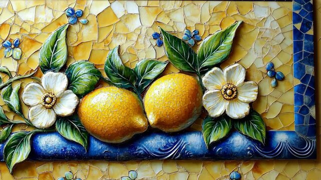 A close-up of a ceramic mosaic depicting lemons, flowers, and leaves