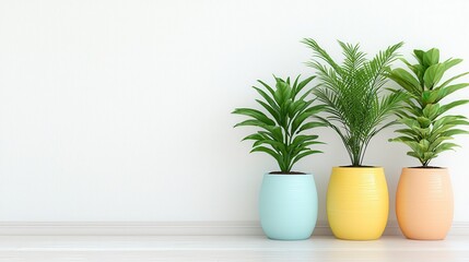 Obraz premium Lush Indoor Plants in Colorful Pots Adding Life and Freshness to Modern Home Decor with Bright, Natural Greenery Against a Light Background