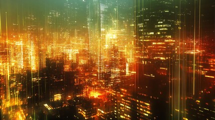 Fototapeta premium A vibrant, abstract cityscape illuminated with glowing lights and vertical lines, evoking a futuristic atmosphere.