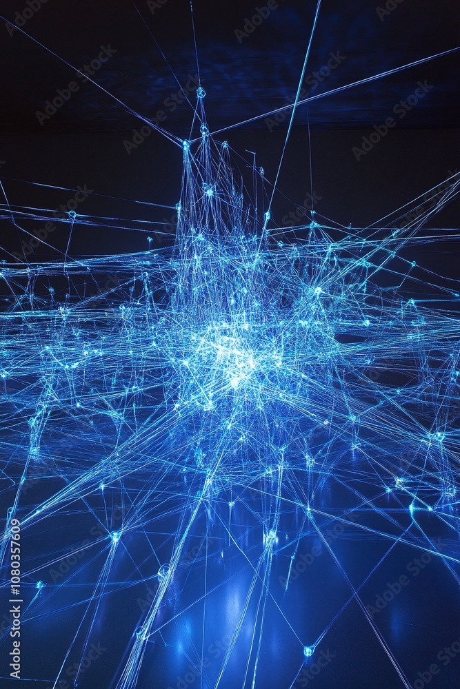 Poster abstract representation of a digital network, showcasing intricate lines and points of light against
