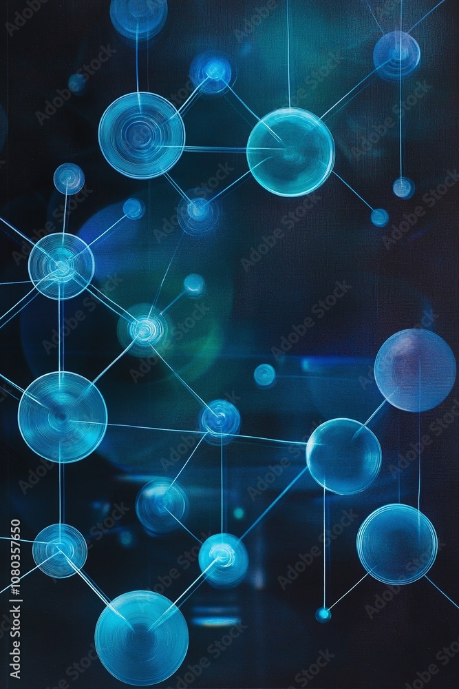 Poster abstract representation of blue molecular connections and network structure in a dark background for