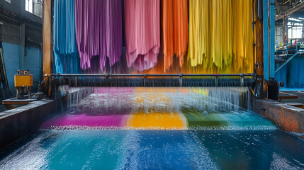 vibrant display of dye streams flowing into basin, showcasing spectrum of colors including pink, orange, yellow, and blue. scene captures beauty of color mixing in textile factory