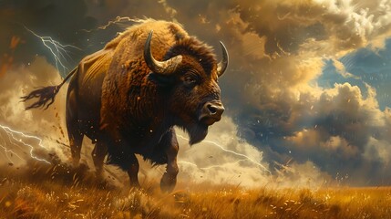 Bison Charging Through Golden Field with Thunderstorm in the Background