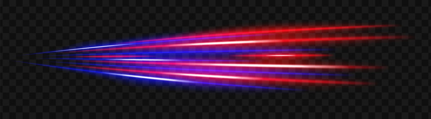 Red and blue light glare beams with sharp reflections. Sci-fi designs, light transitions, and futuristic effects. Glowing neon streaks and dynamic shine on a transparent background