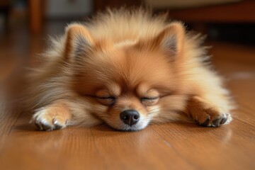 Obraz premium A fluffy Pomeranian dog sleeps peacefully. This image is perfect for websites and social media posts about pet care, relaxation, and canine companionship.