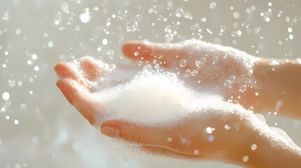 Fototapeta premium Hands and white soap foam poster background
