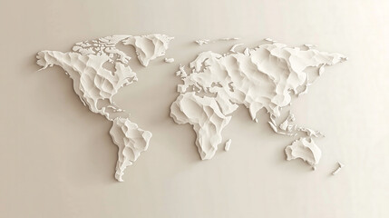 Obraz premium textured world map in minimalist design, showcasing three dimensional effect with soft shadows and neutral color palette. This artistic representation emphasizes global geography