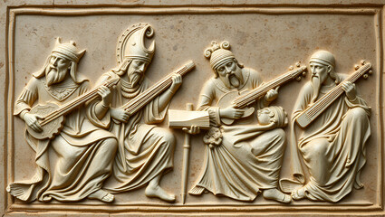 Medieval musical performance: noble figures playing string instruments , bas-relief of 11th century