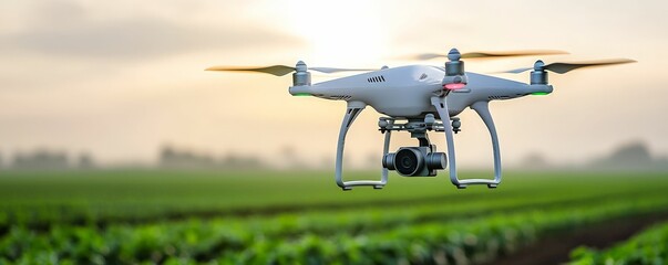 Fototapeta premium Smart farming and automation to boost yield concept. A drone flies over a lush green field, capturing aerial imagery for agricultural monitoring under a soft sunrise.