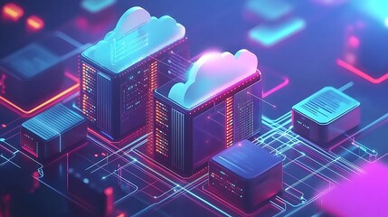 Fototapeta premium A digital representation of cloud computing with servers and data connections.