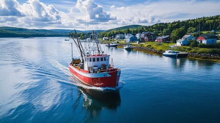 Fototapeta premium Red and white fishing boat cruising through serene blue waters, coastal village backdrop, picturesque maritime scene, tranquil seascape, summer vibes, travel photography