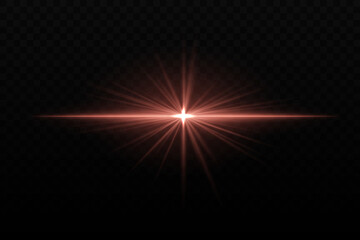 Bright red light burst with star-like rays and horizontal beam. Sci-fi glare effect, creating a glowing focal point on dark background