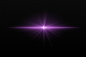 Bright purple light burst with star-like rays and horizontal beam. Sci-fi glare effect, creating a glowing focal point on dark background