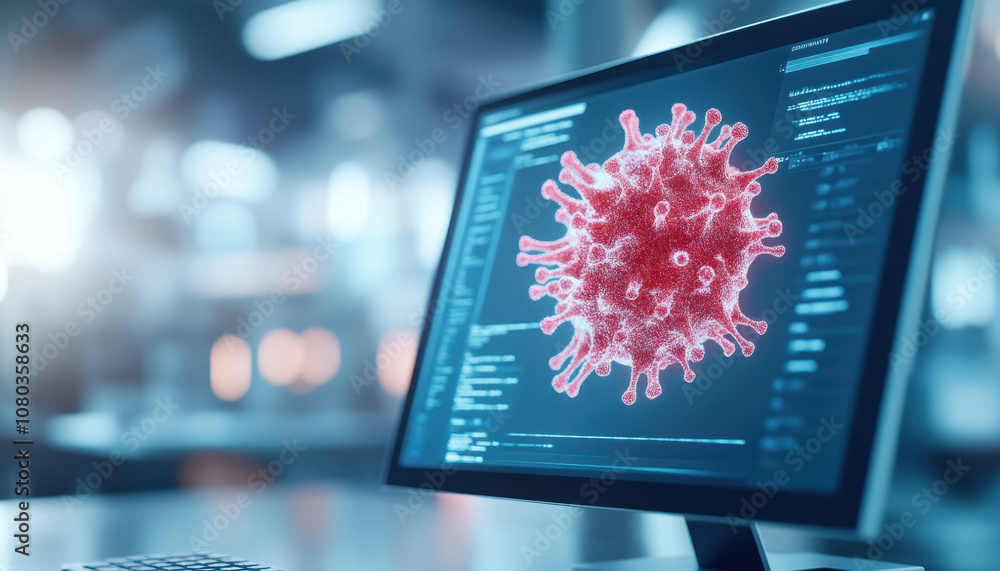 Poster close up of computer monitor displaying detailed 3d model of virus, showcasing vibrant colors and in