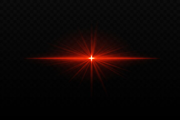 Bright red light burst with star-like rays and horizontal beam. Sci-fi glare effect, creating a glowing focal point on dark background