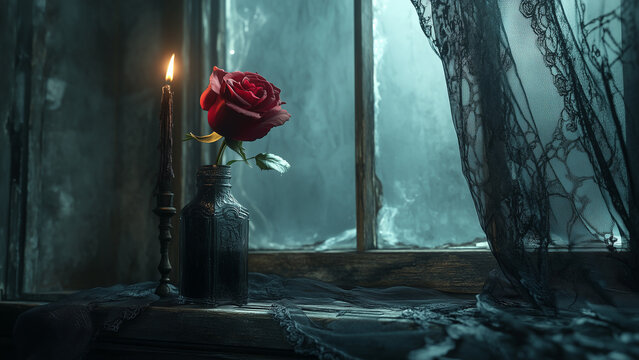 A solitary red rose sits in a vintage bottle on a windowsill beside a flickering candle in a dimly lit room with lace curtains