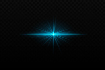 Bright blue light burst with star-like rays and horizontal beam. Sci-fi glare effect, creating a glowing focal point on dark background