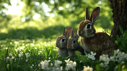 Obraz premium A family of rabbits sitting together in a grassy field, enjoying the warmth of the sun. Rabbits relaxing in a sunny meadow.