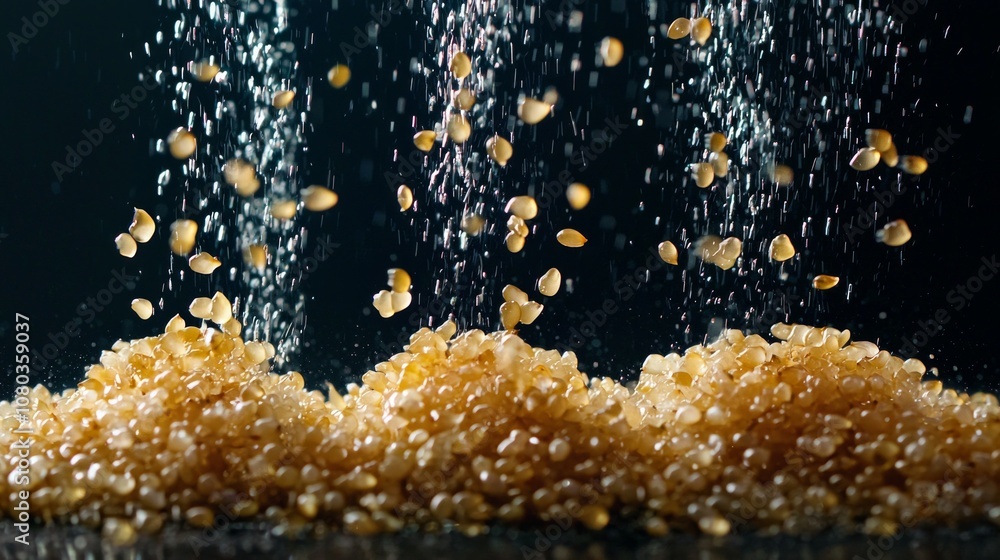 Poster fine bulgur grains float amidst cascading water droplets creating striking visual contrast dark back